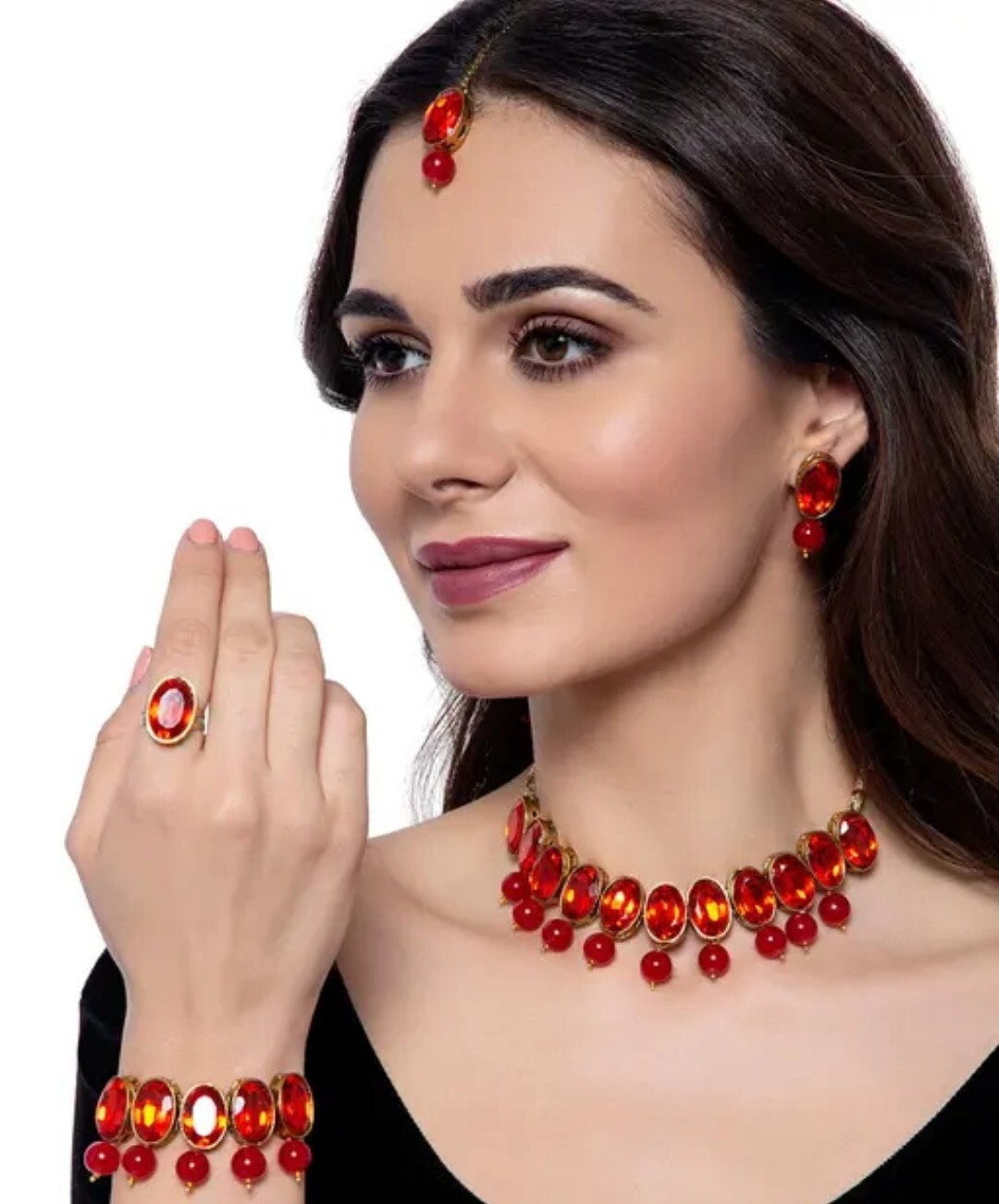 Exclusive Combo Of Red Choker Necklace With Designer Earrings, Bracelet, Ring.