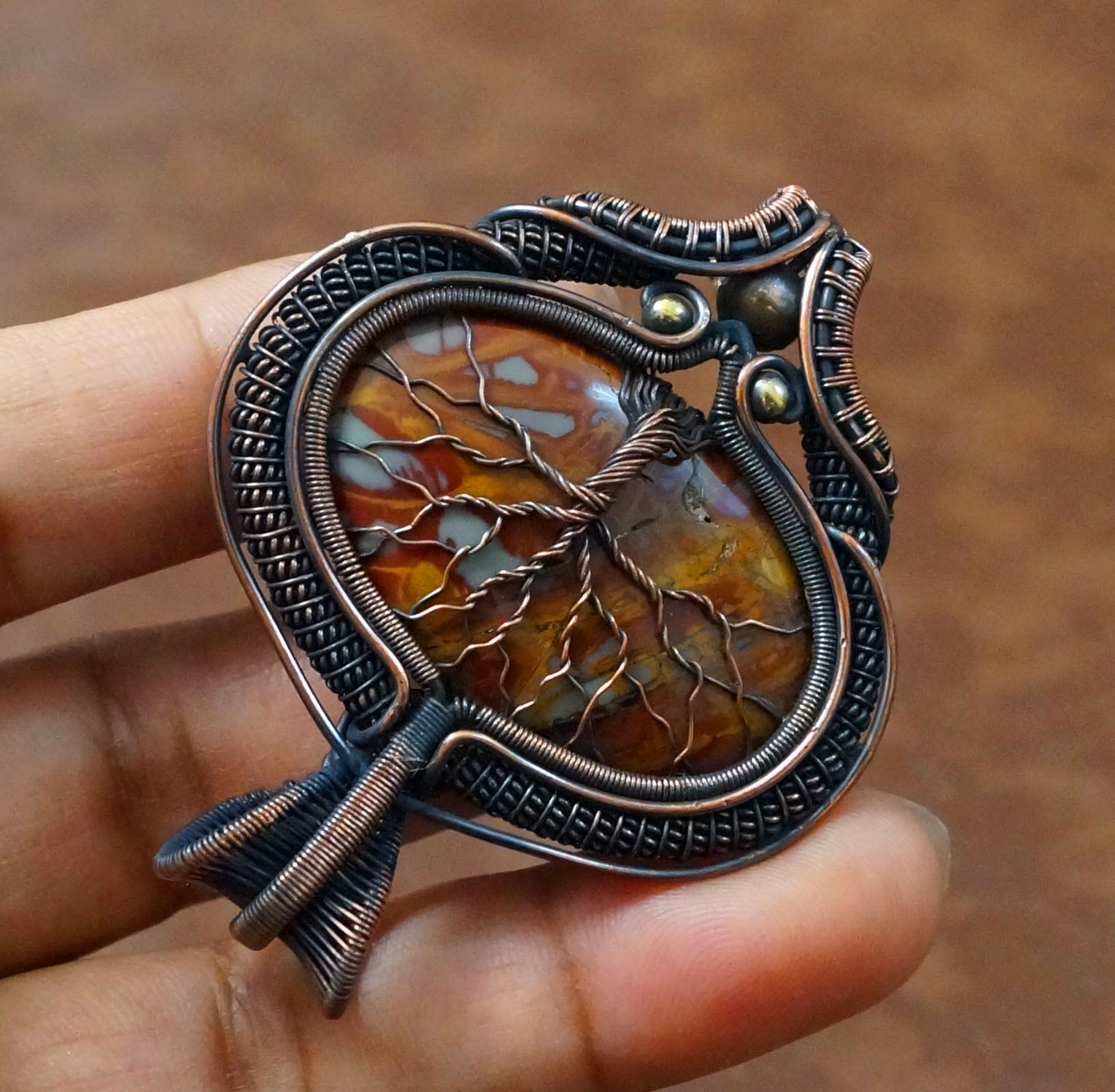 Brown Noreena Jasper Tree of life Copper Wire Pendant Handmade Jewelry (-PD62