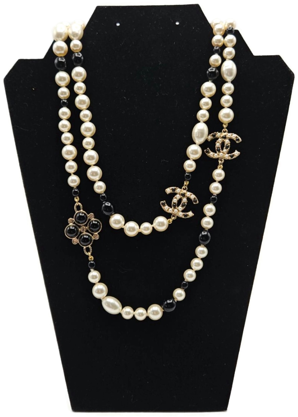 Co Co Chanel Paris Faux Pearls Black Glass Beads Baroque Sweater Necklace