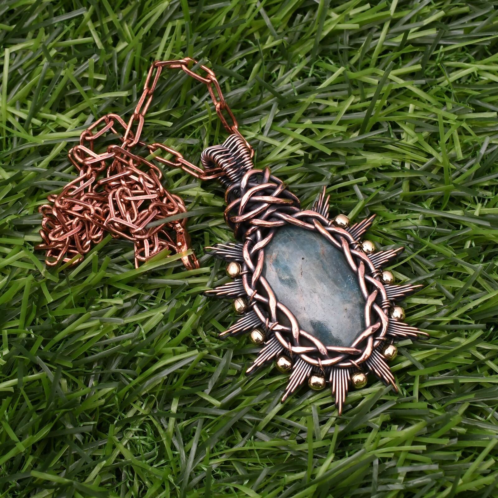 Neon Apatite Gemstone Copper Wire Wrap Handmade Jewelry Pendant 2.28″
