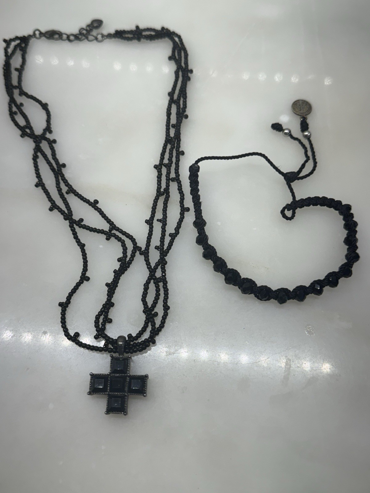Black Stone Cross & Triple Beaded Necklace With Black Beaded Bracelet