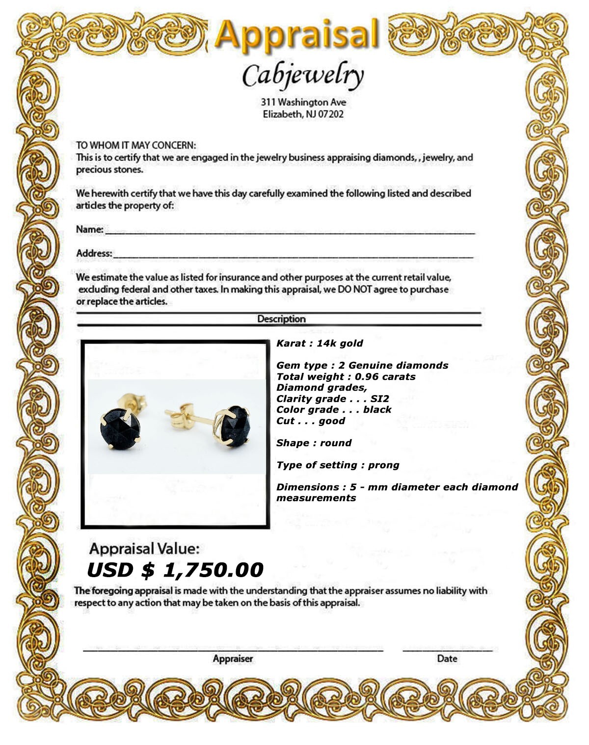 DEFECTIVE with packaging GENUINE 096 Cts BLACK DIAMOND STUD EARRINGS 14k G3D