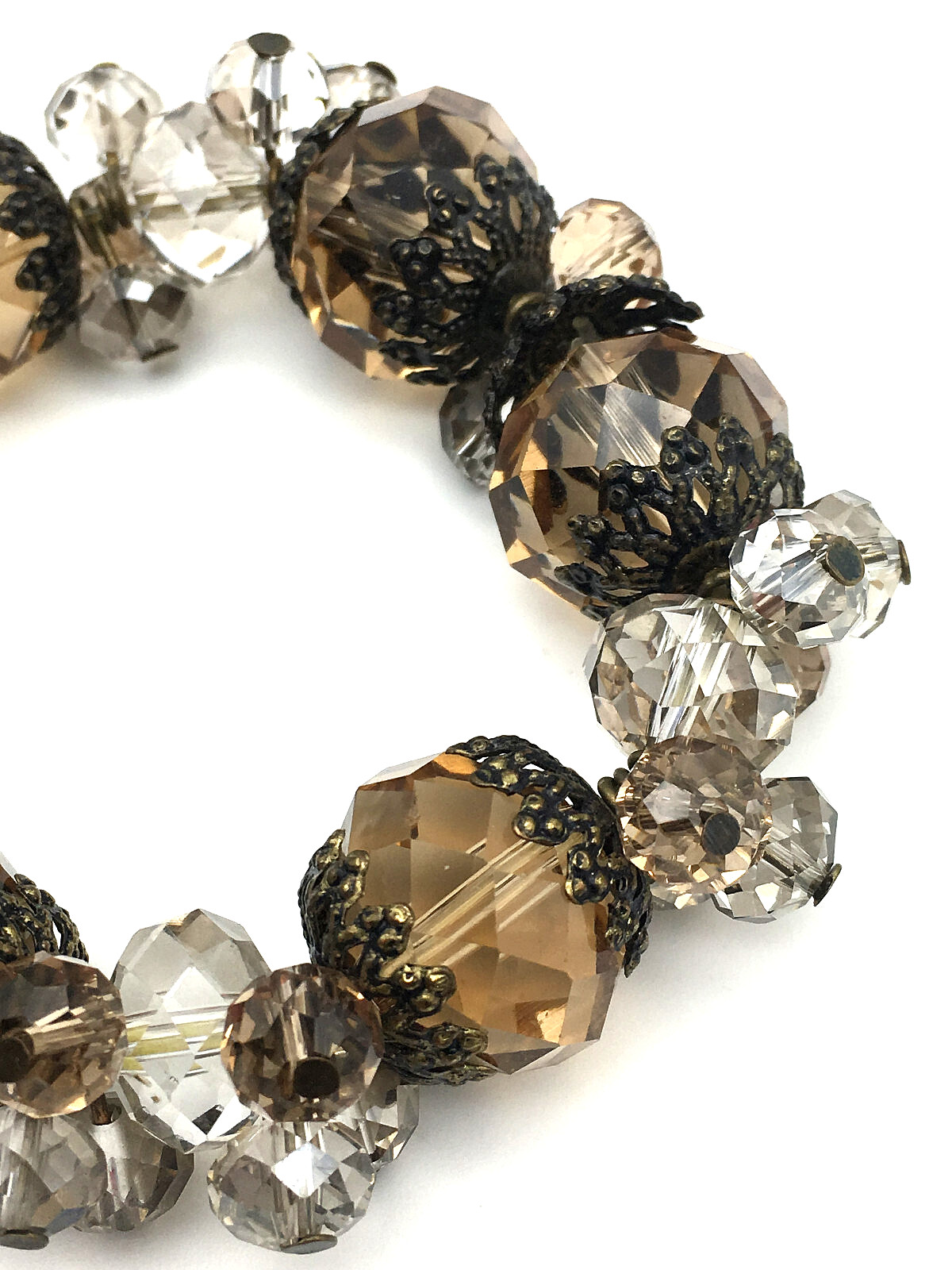Large Smokey Quartz BronzeTone End Caps & Faceted Clear Crystal Stretch Bracelet