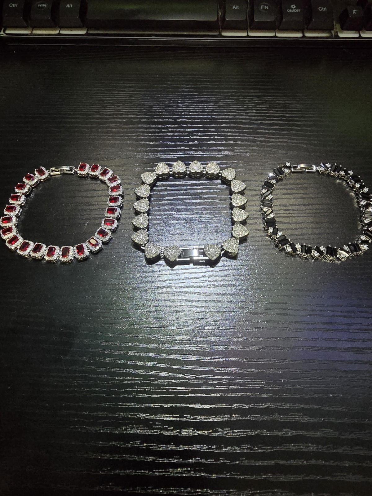 Silver Tone Tennis & Charm Bracelets Red Black Hearts Combo 8in braclet set