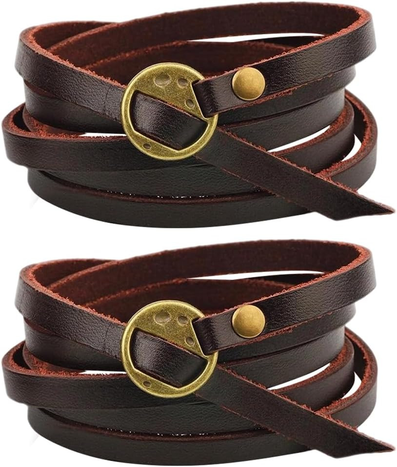 2PCS Genuine Leather Cuff Bracelets Adjustable Cowhide Leather Boho Layered Arm