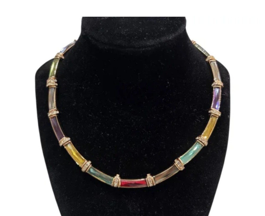 Rainbow Crystal Bamboo Link Collar Necklace – Gold Tone – 14″ + 3″ Extender NWT