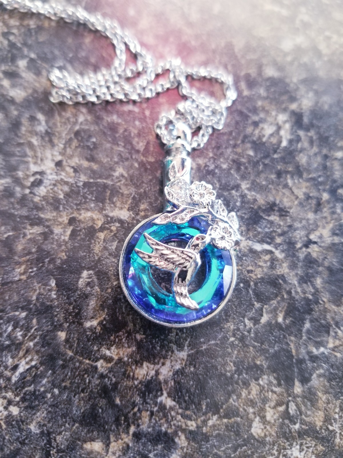 Silver Tone Urn Cremation Memorial Necklace Hummingbird Pendant for Ashes Blue