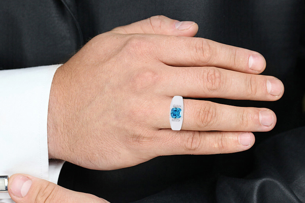 Cushion Simulated Blue-Topaz Personalised Engravable Men’s Band Ring Silver