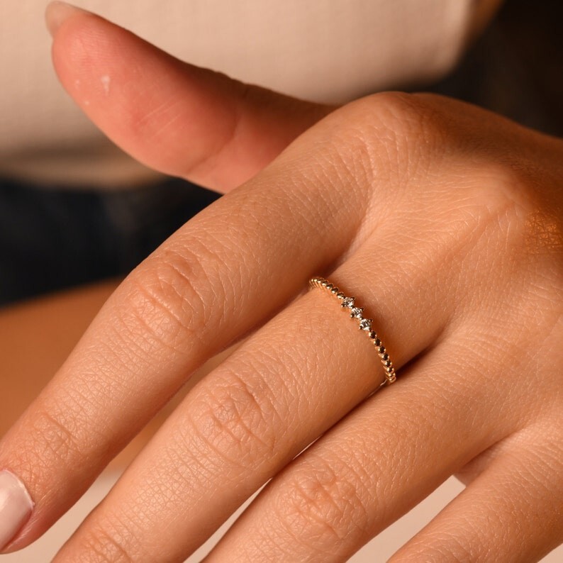 Delicate Gold Beaded Band with Diamond Accents | Minimalist Ring for Women