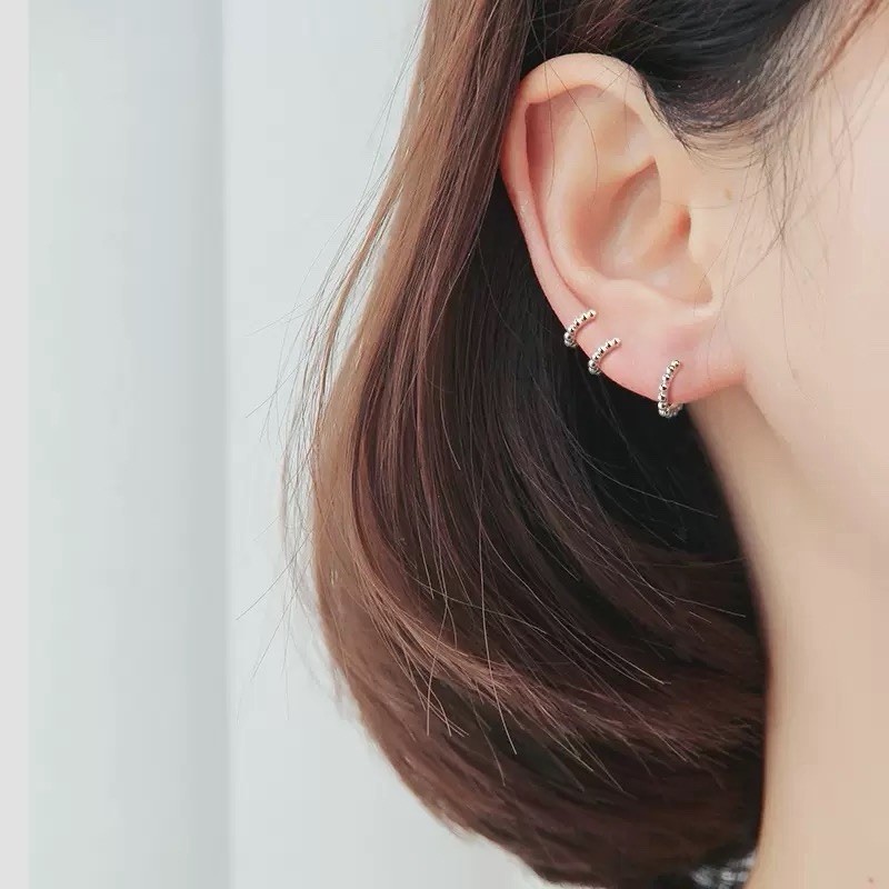 925 Sterling Silver Beaded Huggie Hoop Earrings Cartilage Helix Earrings 390