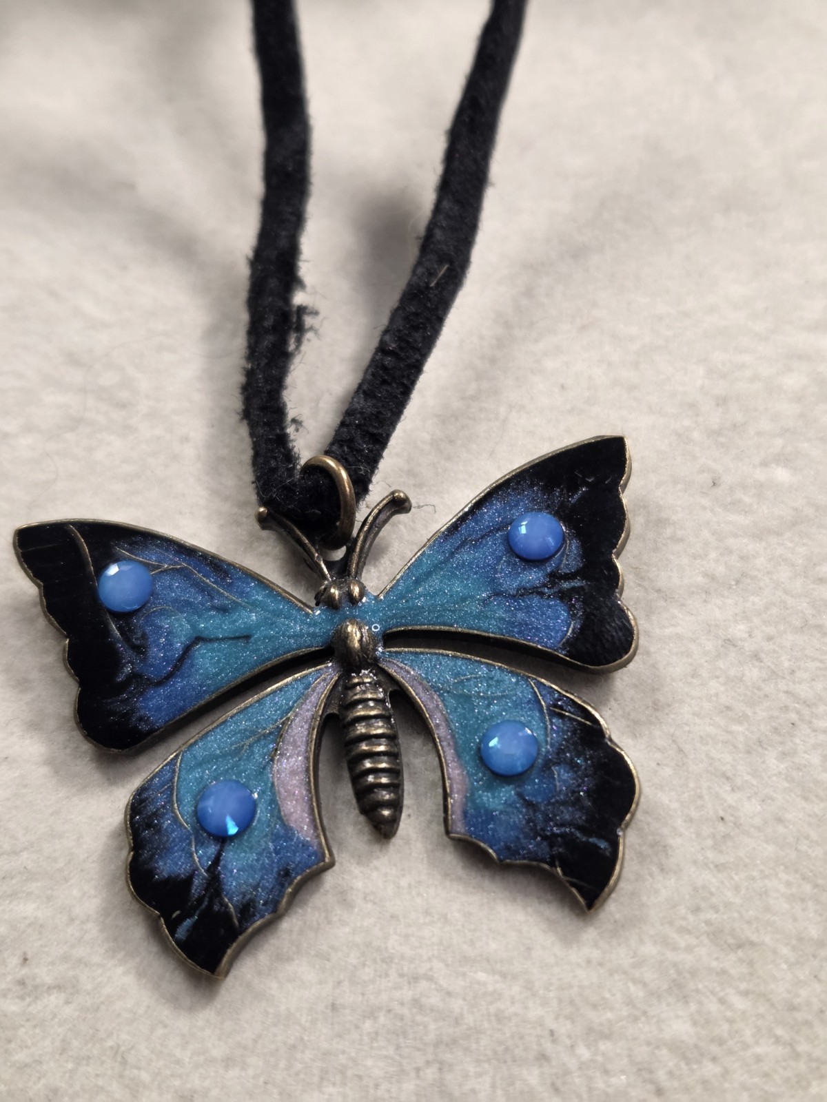 Anne Koplik Designs Blue Enamel Butterfly Pendant Necklace 18″ Leather Cord USA