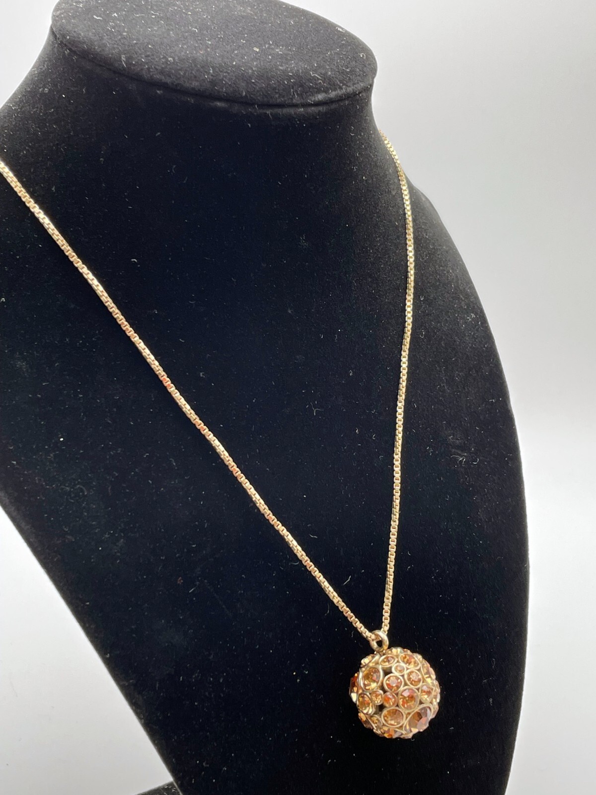 Vintage Fossil Gold Tone Amber Rhinestone Mid-Century Geometric Orb Necklace
