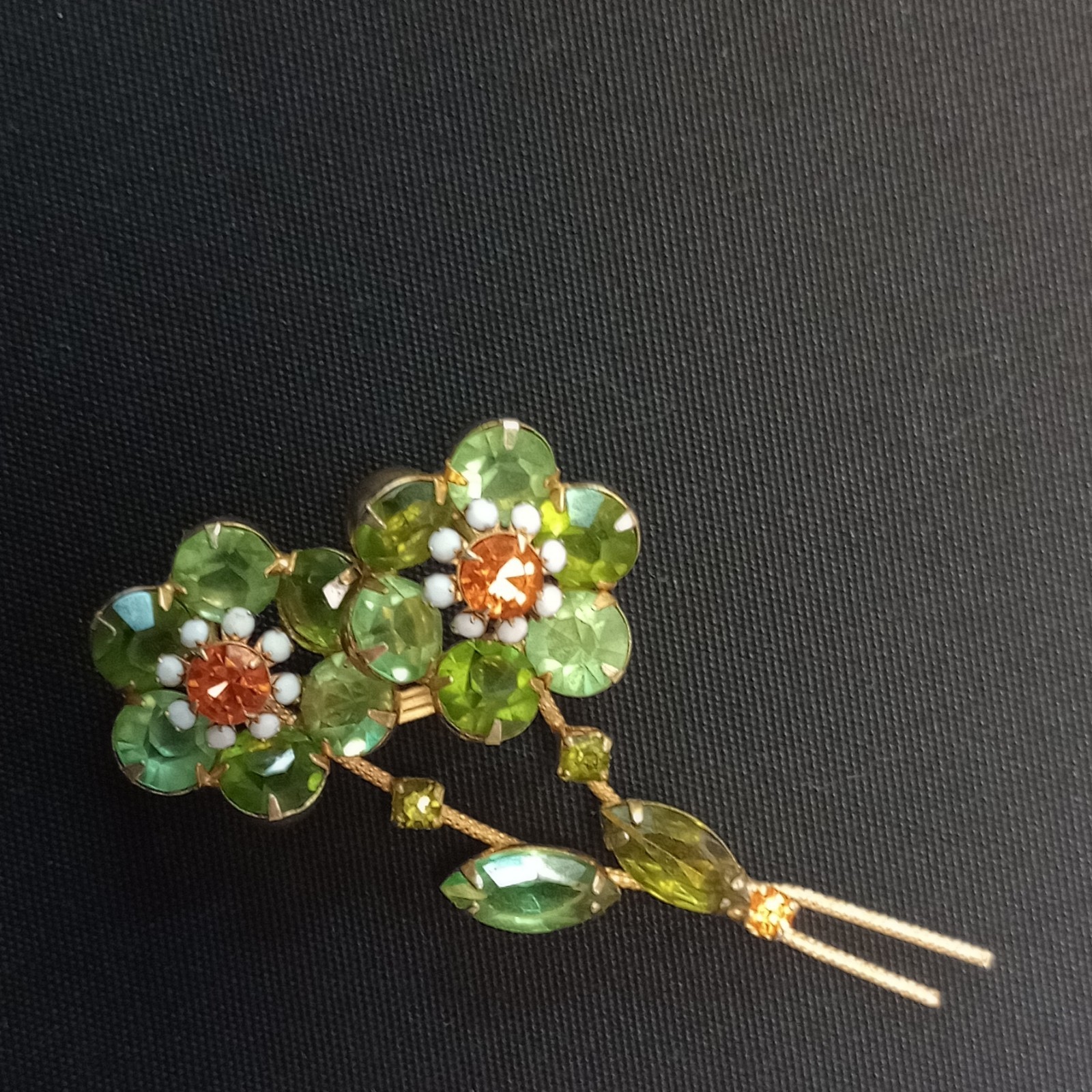 Green Rhinestone Flower Brooch Pin, Gold Tone Metal, 3 in, Prong Set