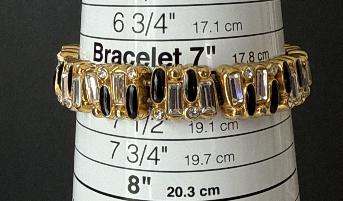 St. John Couture Bracelet Gold Tone Black Enameled & Rhinestone Baguettes 7.75”