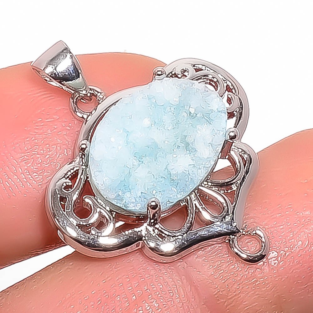Blue Quartz Drusy 925 Silver Plated White Rhodium Plated Pendant 1.09″ P761-10