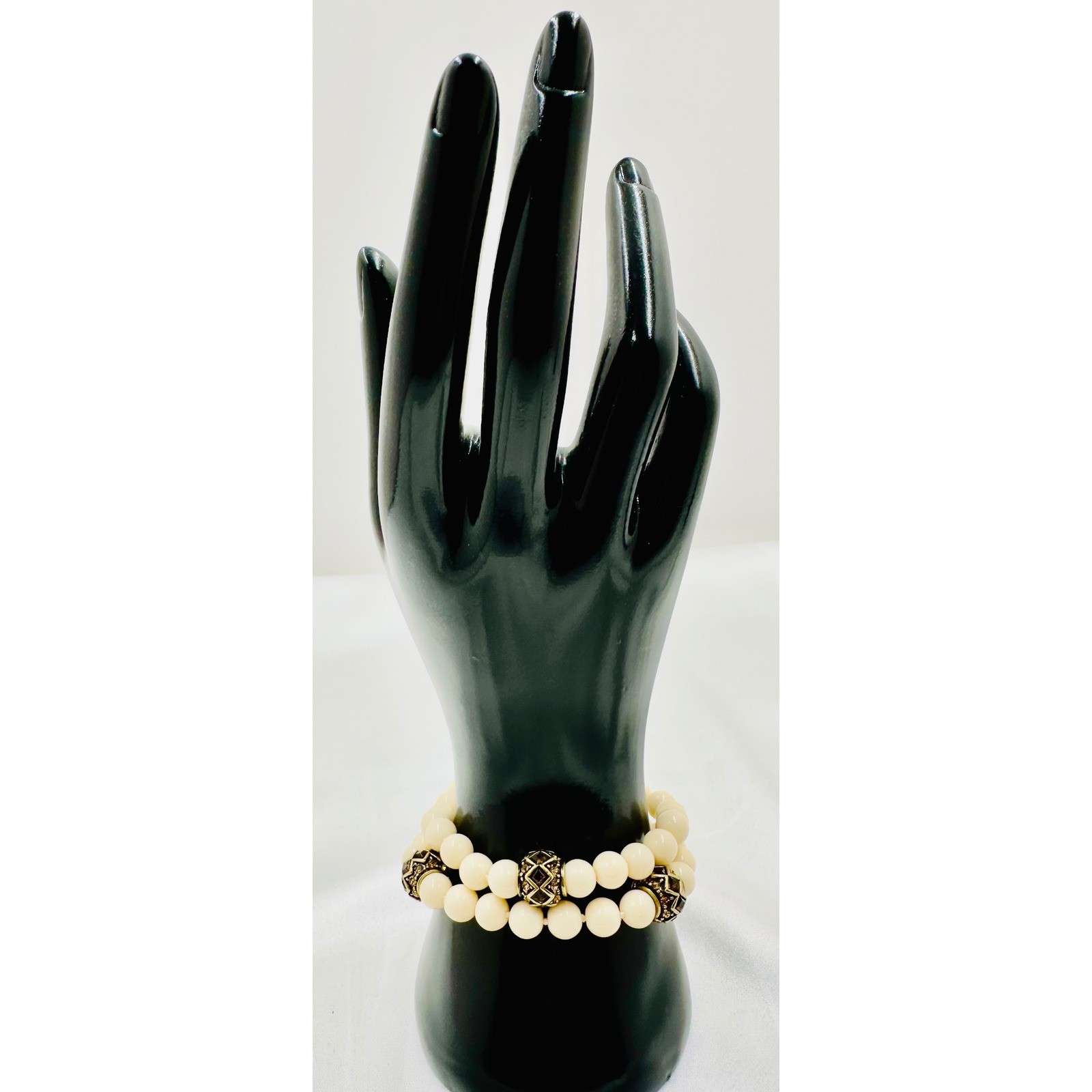 Heidi Daus Cream Faux Pearl Double Strand Bracelet Bronzetone Crystal Clasp 8in