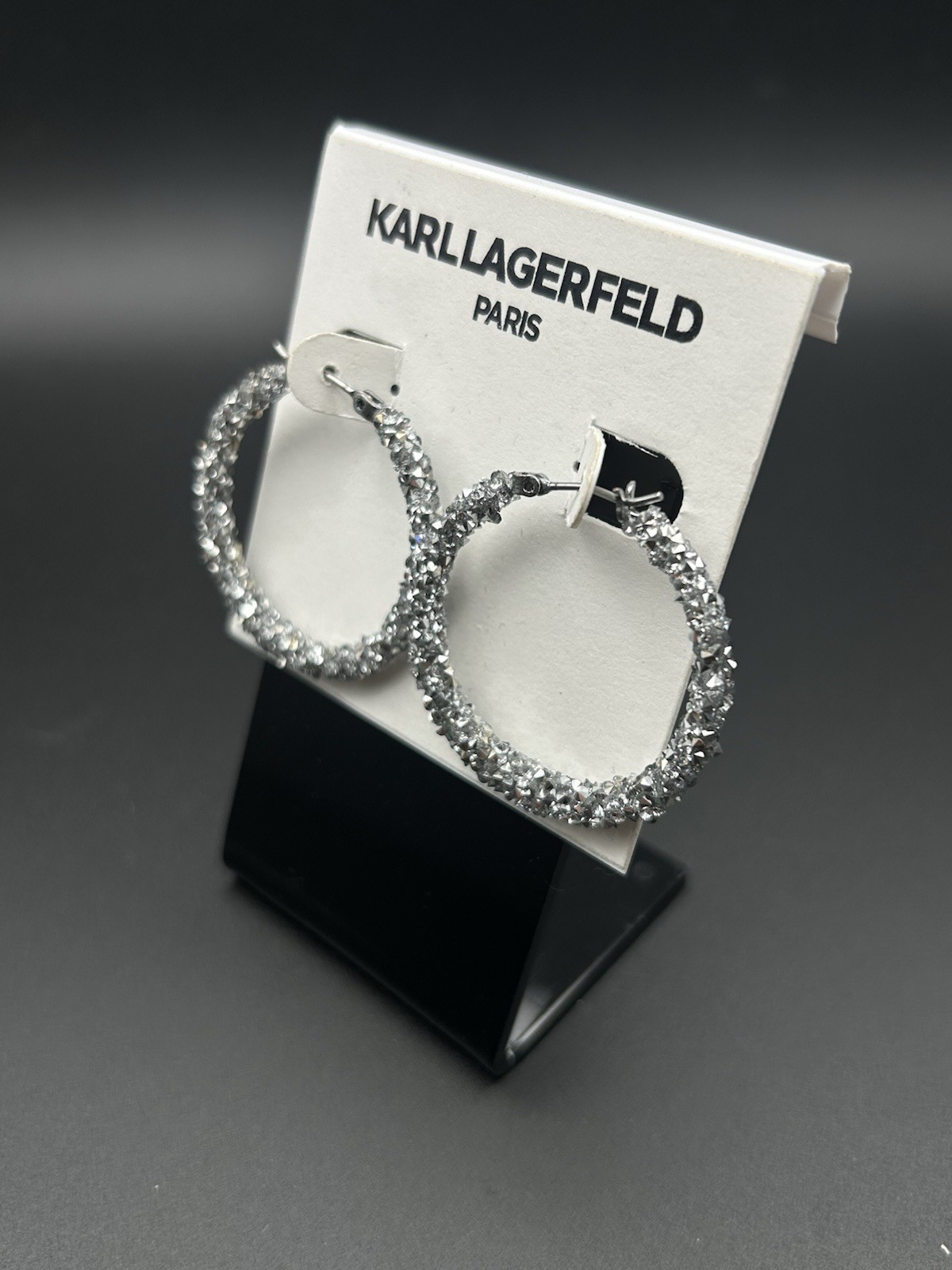 Karl Lagerfeld Silver Crystal Hoop Earrings Hinged Closure, Metal