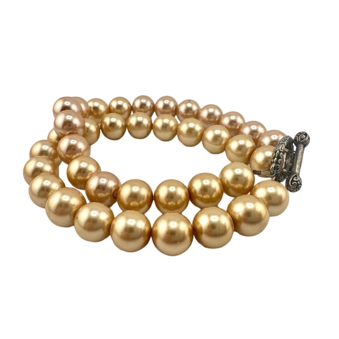 Glass Faux Pearl Blush Pale Gold Double Strand Beaded Toggle 7” Bracelet