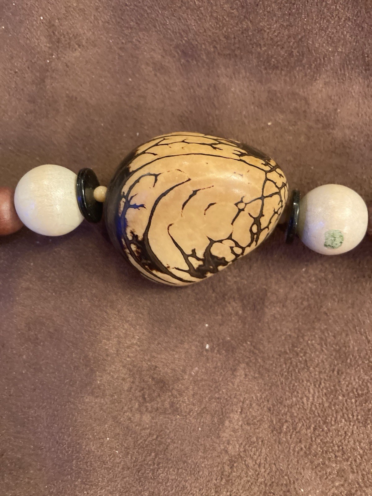 Necklace with Large Slab Bead Mixed Metal Wood And Cork Beads 19 Inch VTG