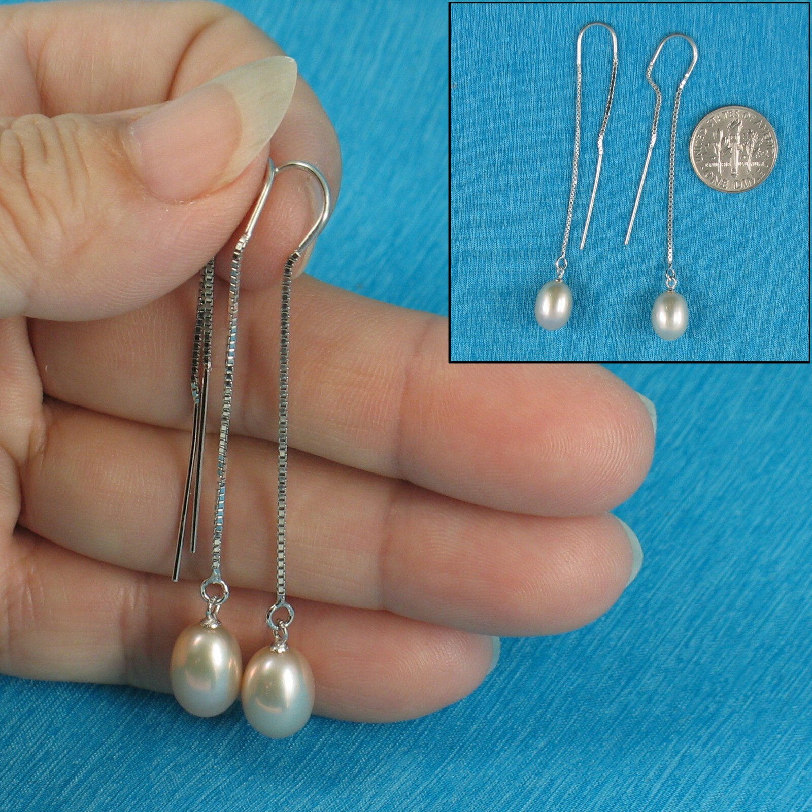 Solid Sterling Silver Box Chain Threader & Pink Pearl Drop/Dangle Earrings TPJ