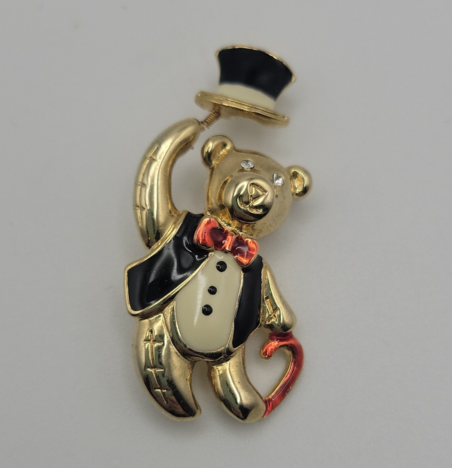 Gold Tone Enamel Teddy Bear Brooch Pin Top Hat Clear Crystal Eyes 2in