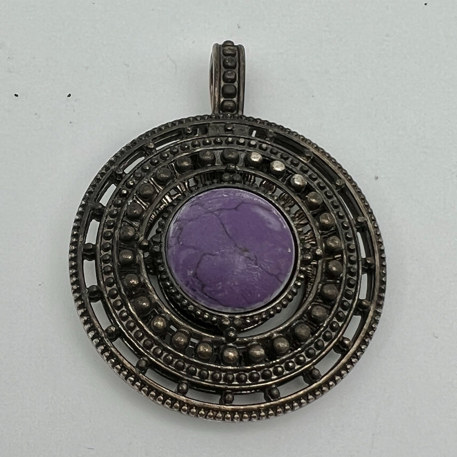 Vintage Bronze Tone with Purple Cabochon Pedant 2” Statement Piece