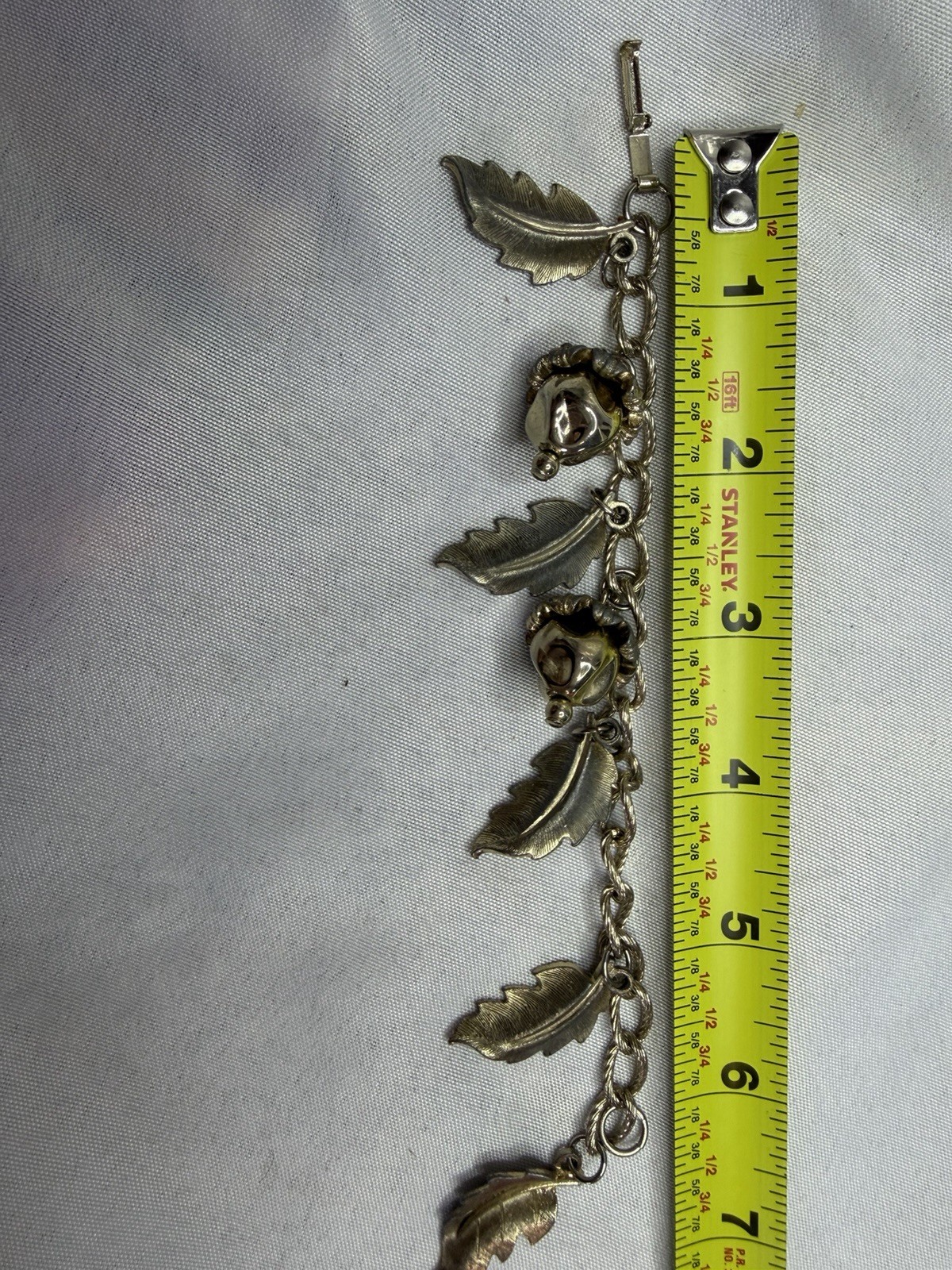 Two Tone Silver Gold Charm Chain Bracelet Leaf Rose Dangle Charms 7 in