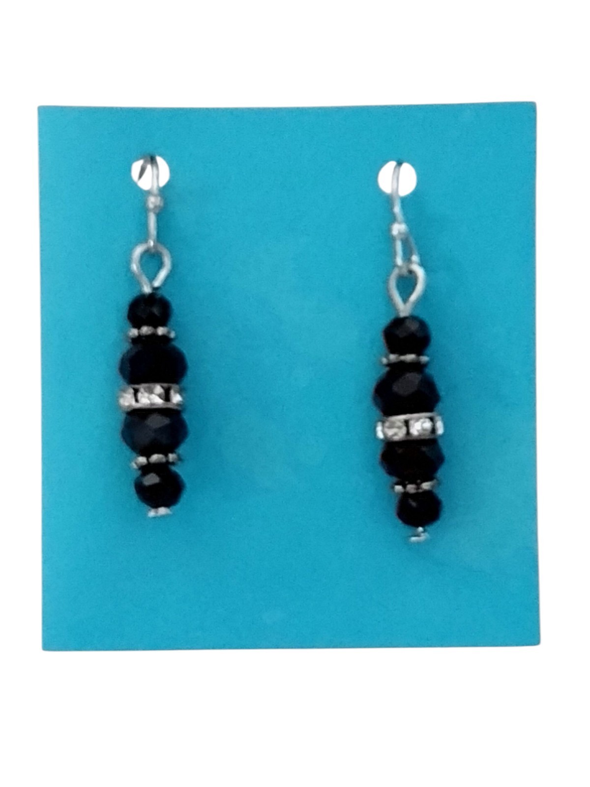 Handcrafted SILVERTONE BLACK BEADS Dangle Earrings HYPOALLERGENIC LOOPS STOPPERS