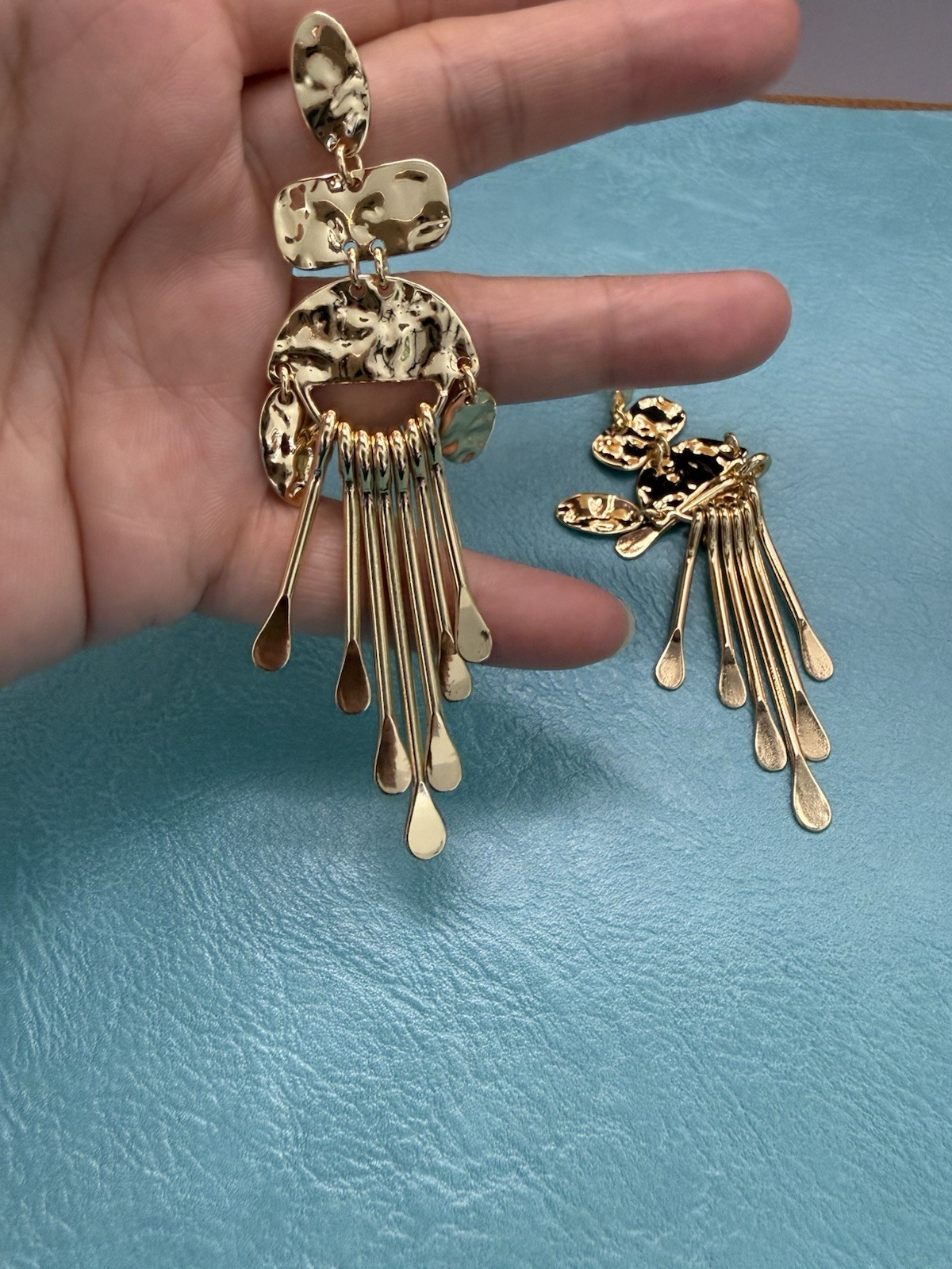 Gold Tone Hammered Dangle Drop Earrings Metal Butterfly Closure 9.1cm 2.3cm