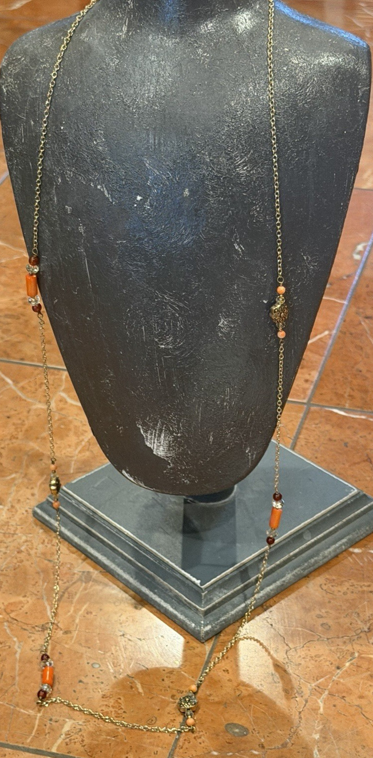 BARSE ORANGE CARNELIAN RED BEAD STATIONS 38″ 2″ EXTENDER NECKLACE GOLD CHAIN LN