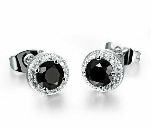 Women’s 925 Sterling Silver Black Round Cubic Zirconia HALO Studs Earrings 8mm
