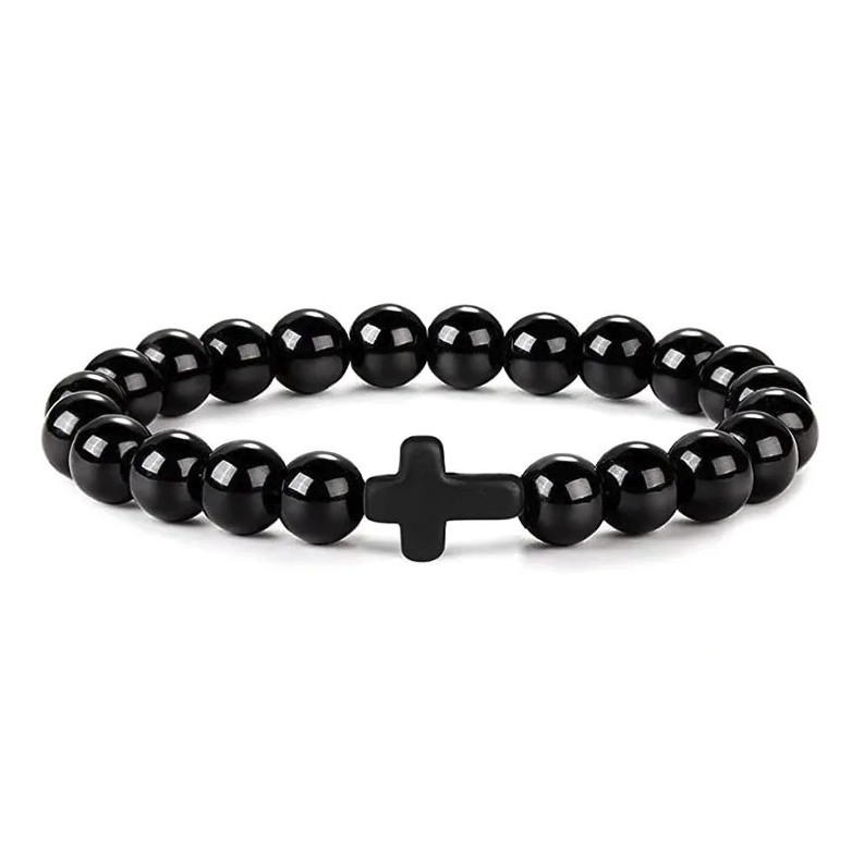 1pc Natural Stone & Wood Bead Prayer Bracelet with Cross – NEW