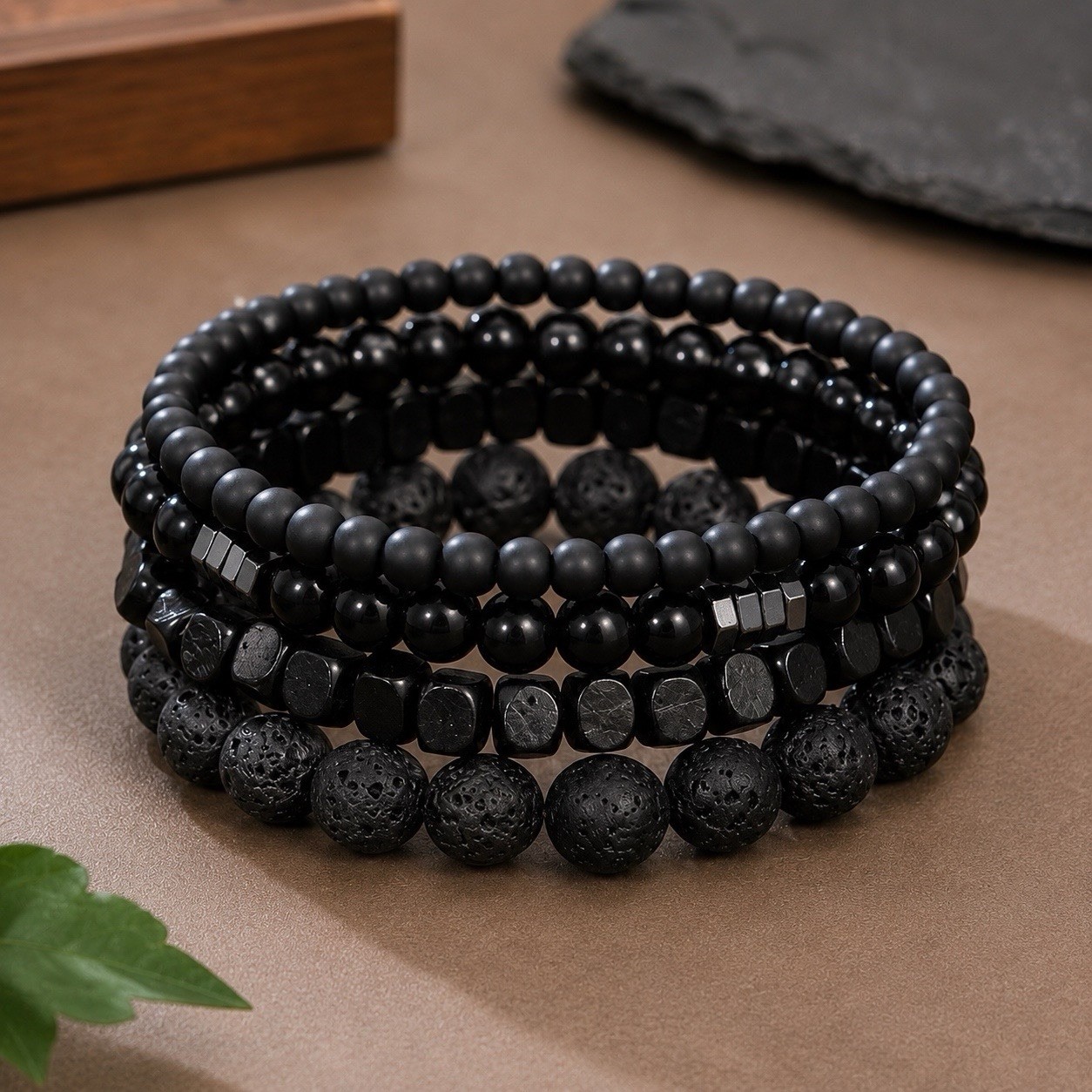 4 Pieces Black Natural Beaded Bracelet Set
