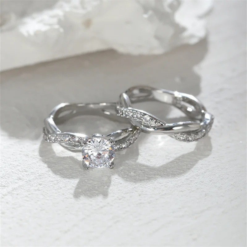 Women’s Round Zircon Crystal Stone Crossed Wedding Ring Silver Gold Promise Band