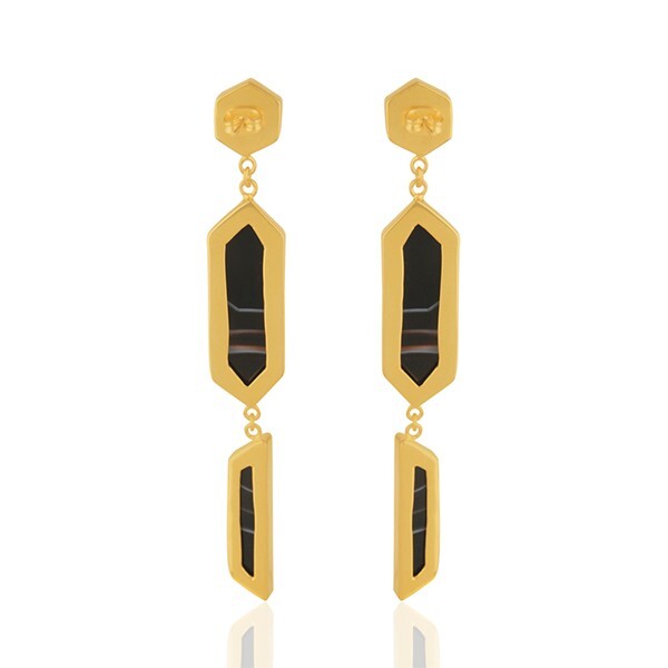 Genuine Banded Agate Gemstone 18k Gold Plated Brass Fashion Dangle Earrings