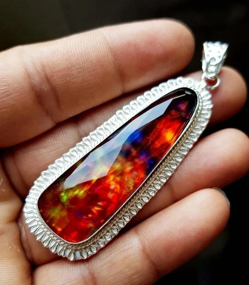 Certified 87.85 Ct Natural Ammolite 925 Solid Silver Fancy Cut Pendant Gemstone