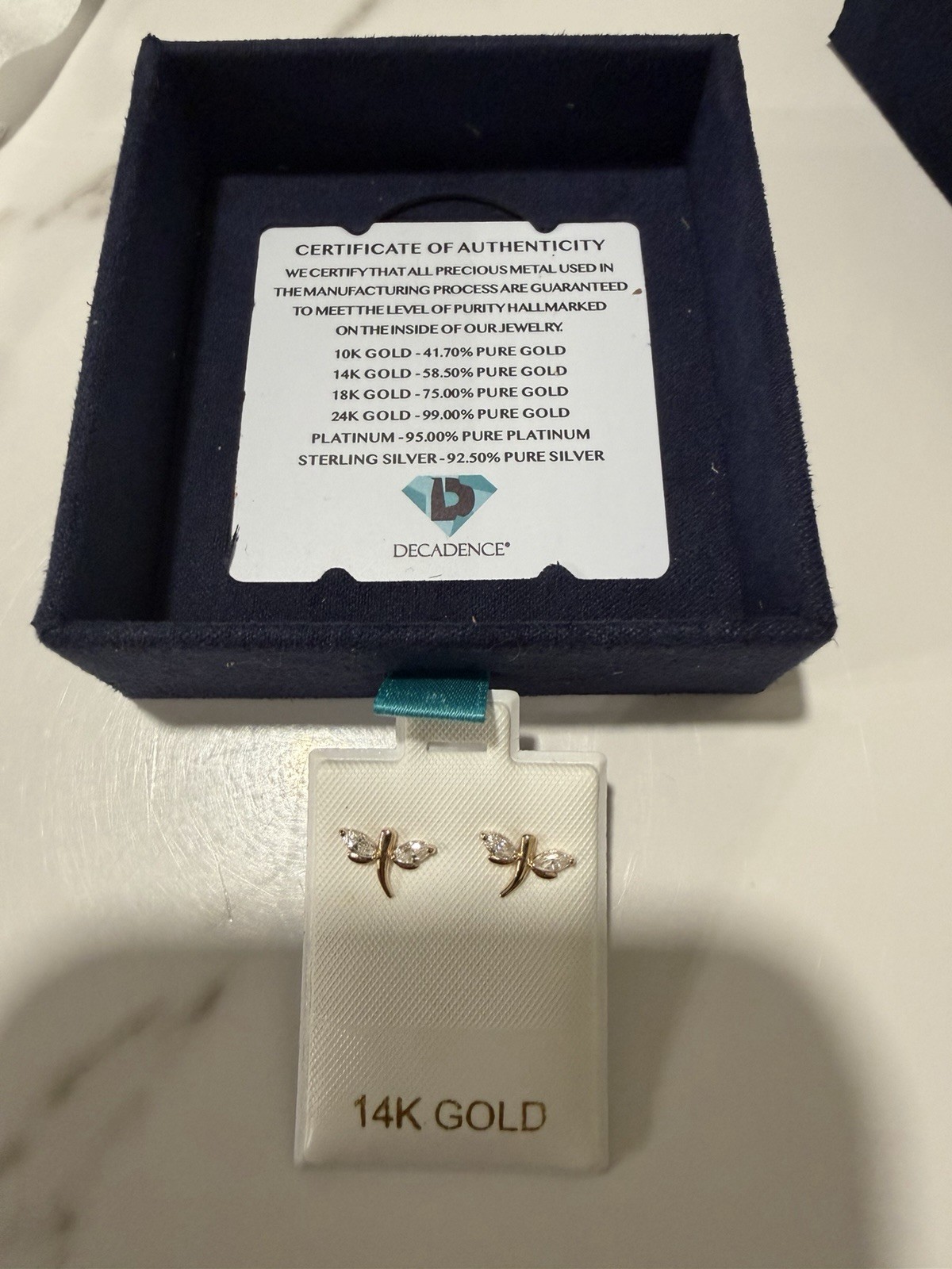 Decadence 14K Yellow Gold Dragonfly Stud Earrings Marquise CZ COA FZK4858Y2W