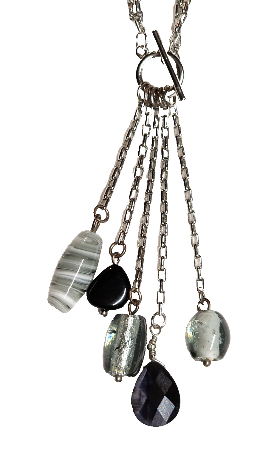 Black Gray Silver Tone Art Glass Bead Tassel Pendant Necklace 14″ Choker GUC