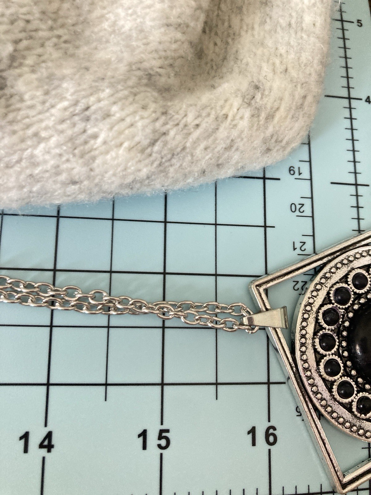 Silver Tone Black Cabochon Boho Pendant Necklace Chain Tassel Fringe Gothic