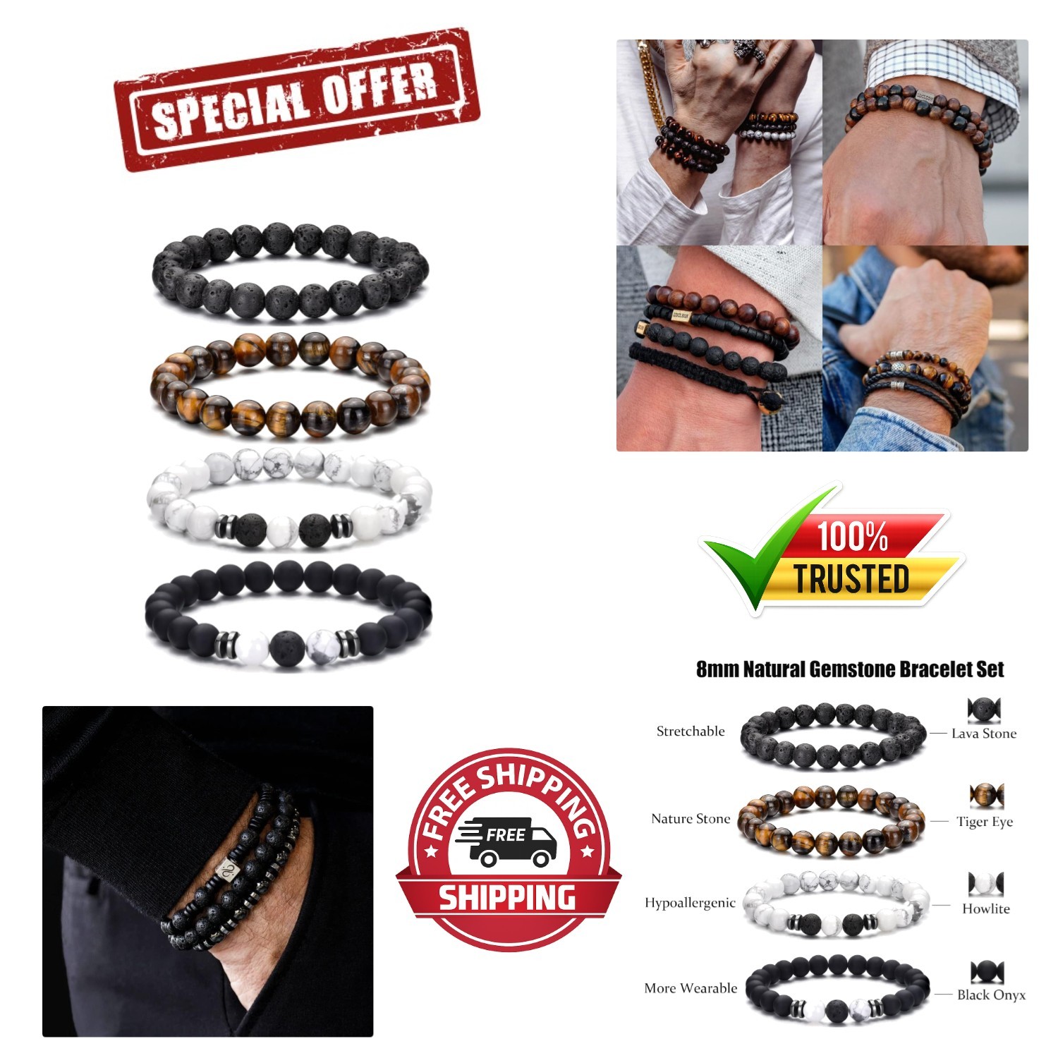 8MM Stretch Bracelet with Tiger Eye Stones – Perfect Jewelry Gift for Him & Her