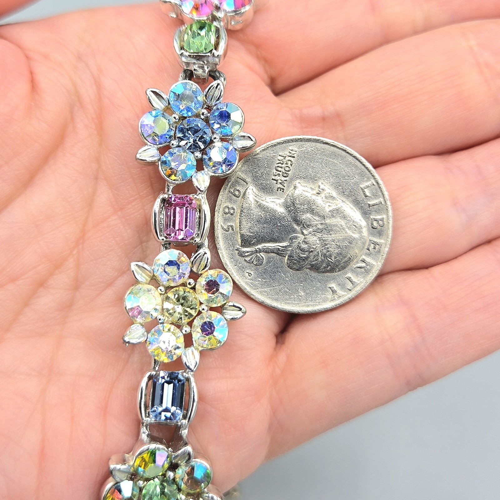 Vintage Unsigned Lisner Pastel Fruit Salad Rhinestone Silver Tone Necklace 17″