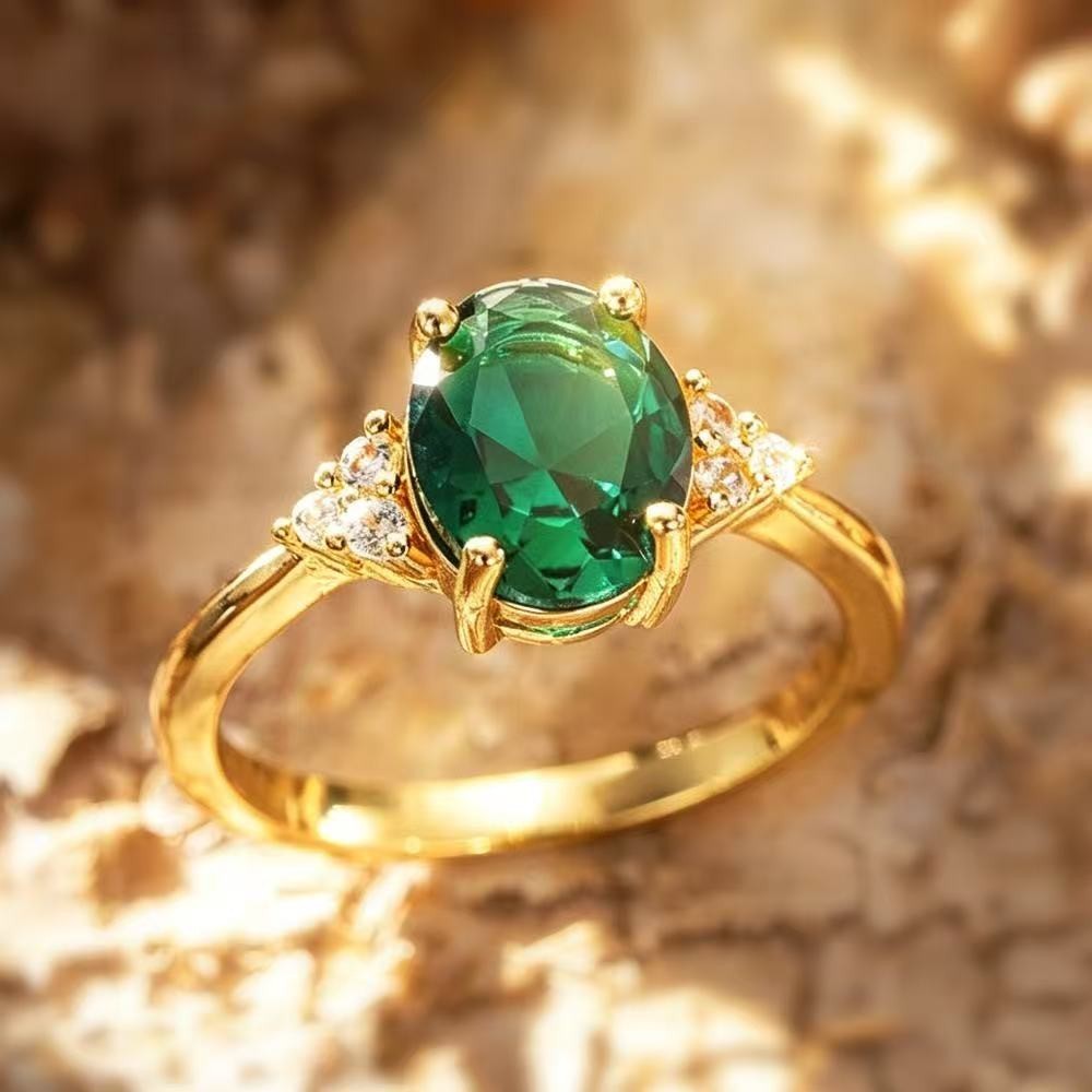 Stunning Woman 18k Gold Plated Sparkling Green CZ Oval Band Ring Anti-tarnish