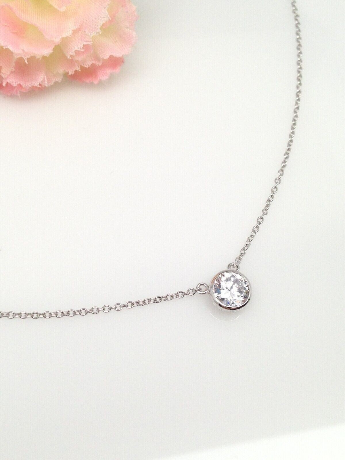 Tiny Bezel Cz Solitaire Necklace 925 Sterling Silver Pendant Round 6.8mm 17.25″