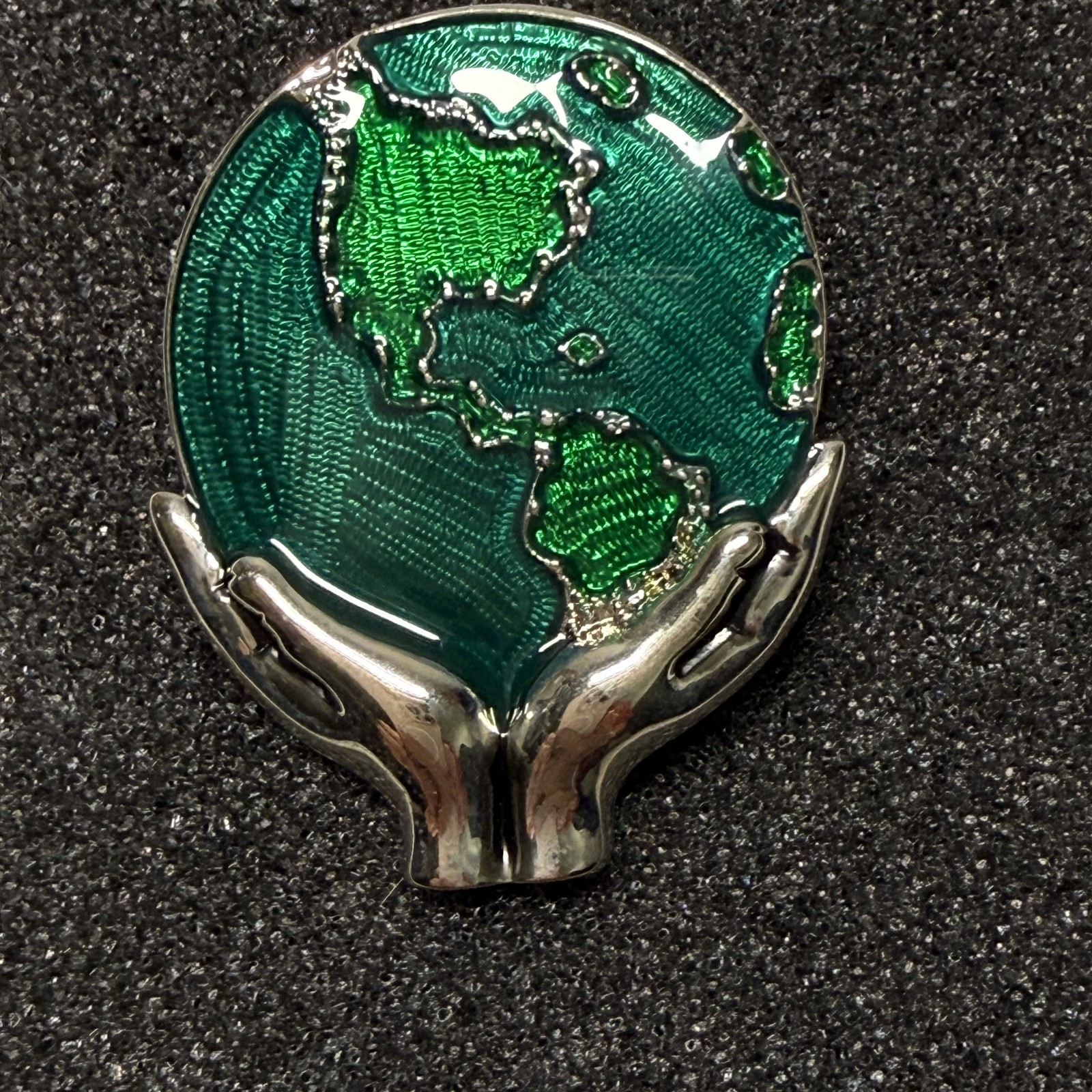 Vintage Earth Day Globe Hands Pin Brooch Green Enamel Silver Tone Save Our
