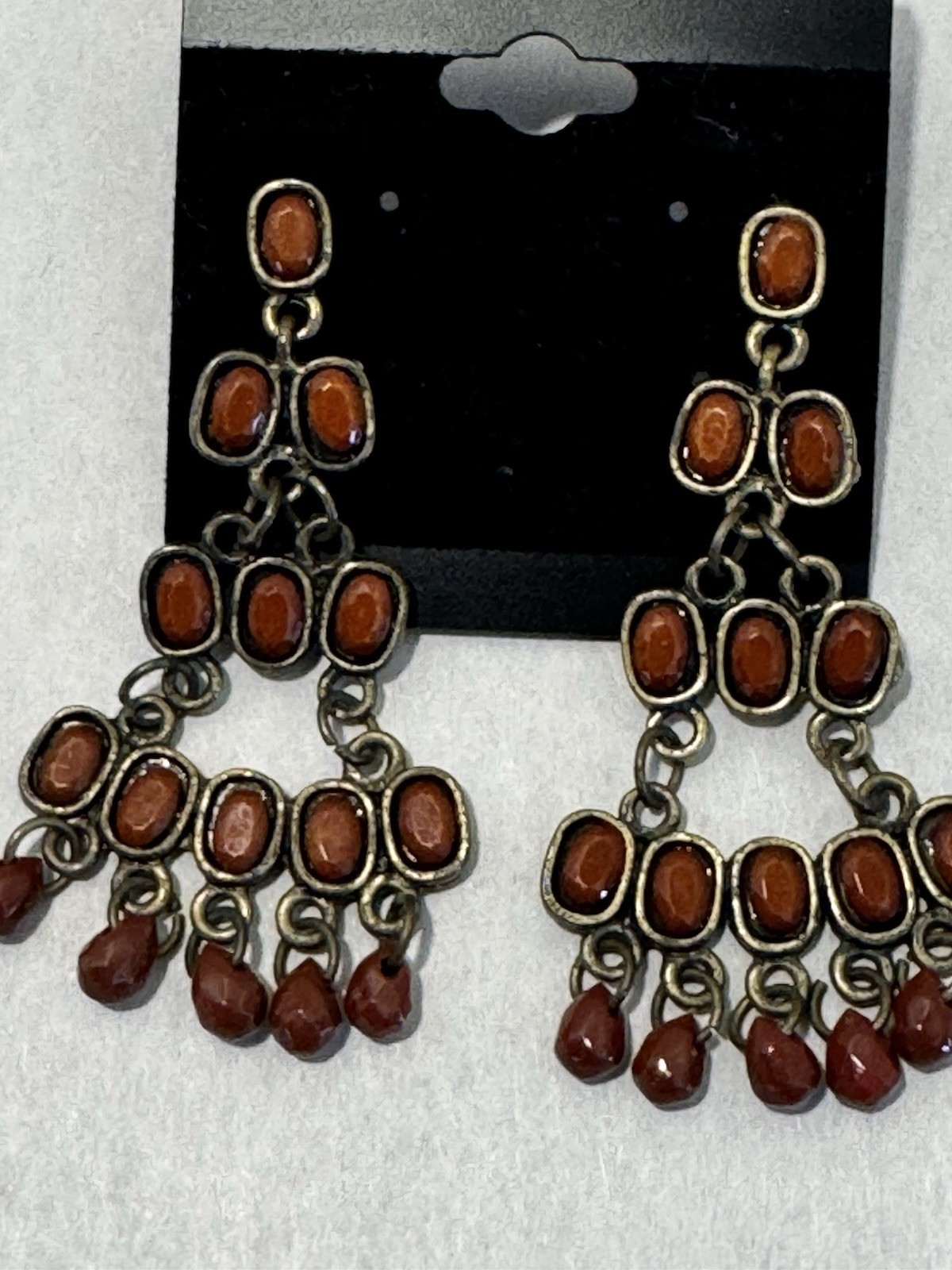 Boho Chandelier Dangle Earrings Red Brown Cabochon Bead Drops