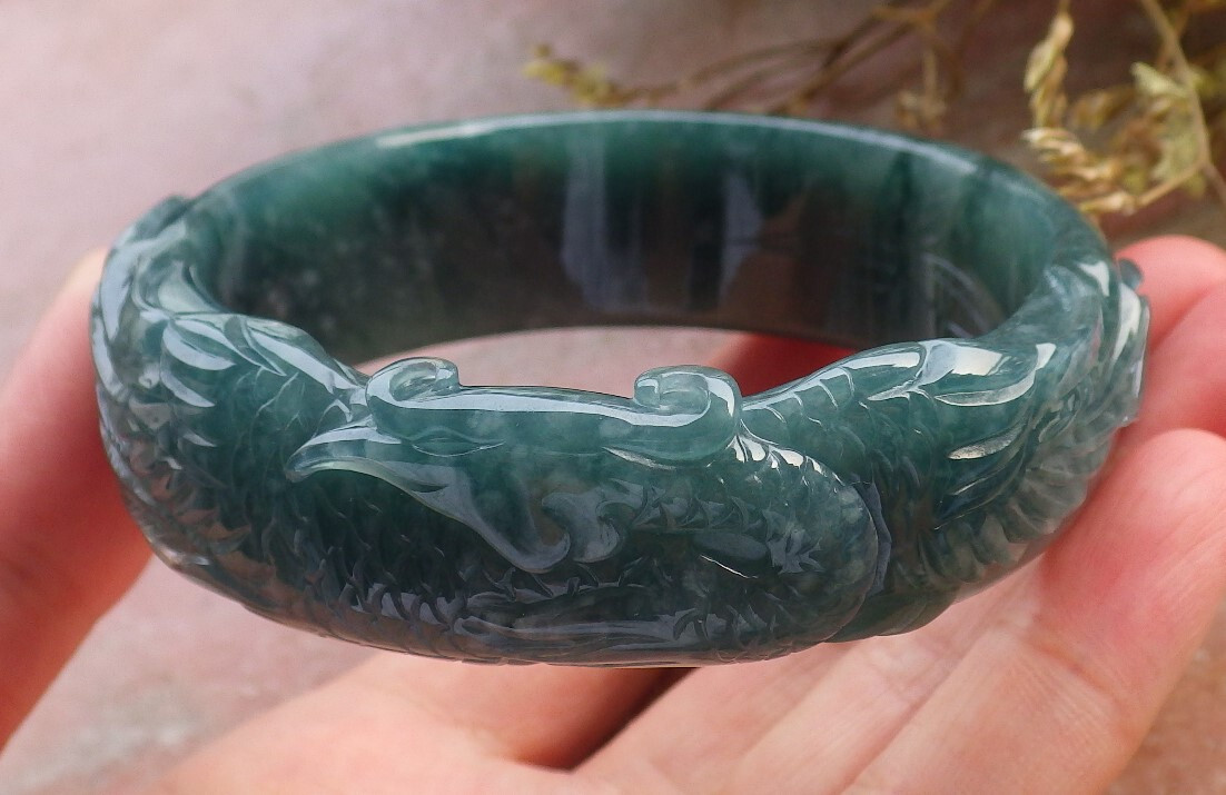 Certified Blue Green A JADE Jadeite Phoenix Bangle Bracelet 62mm 602375 AS