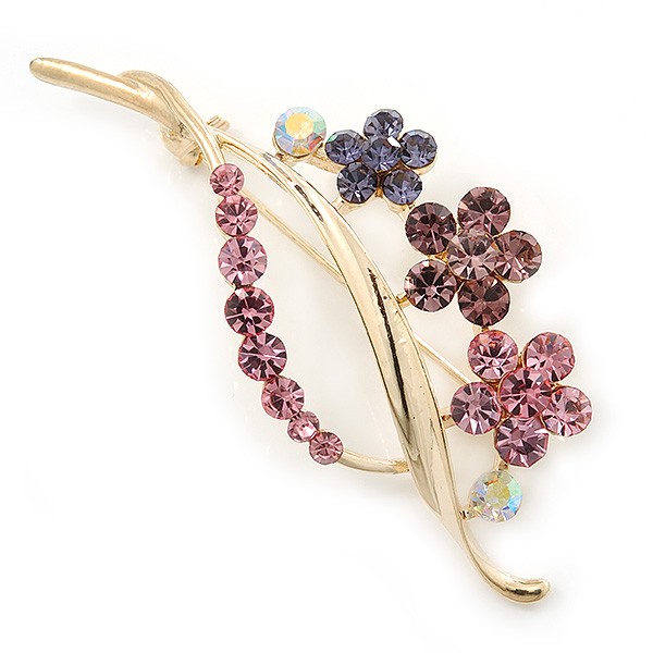 Pink/ Purple/ Violet Crystal ‘Bunch Of Flowers’ Brooch In Gold Plating – 62mm