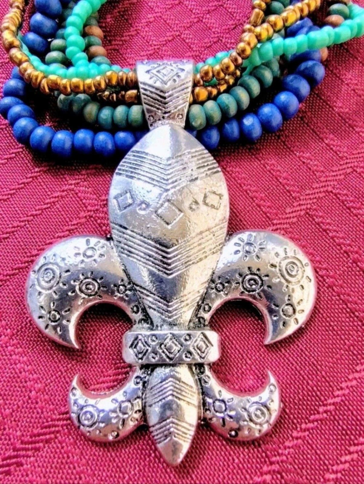 Handmade Colorful Seedbead Necklace with Fleur-de-Lis Silver Pendant & Earrings