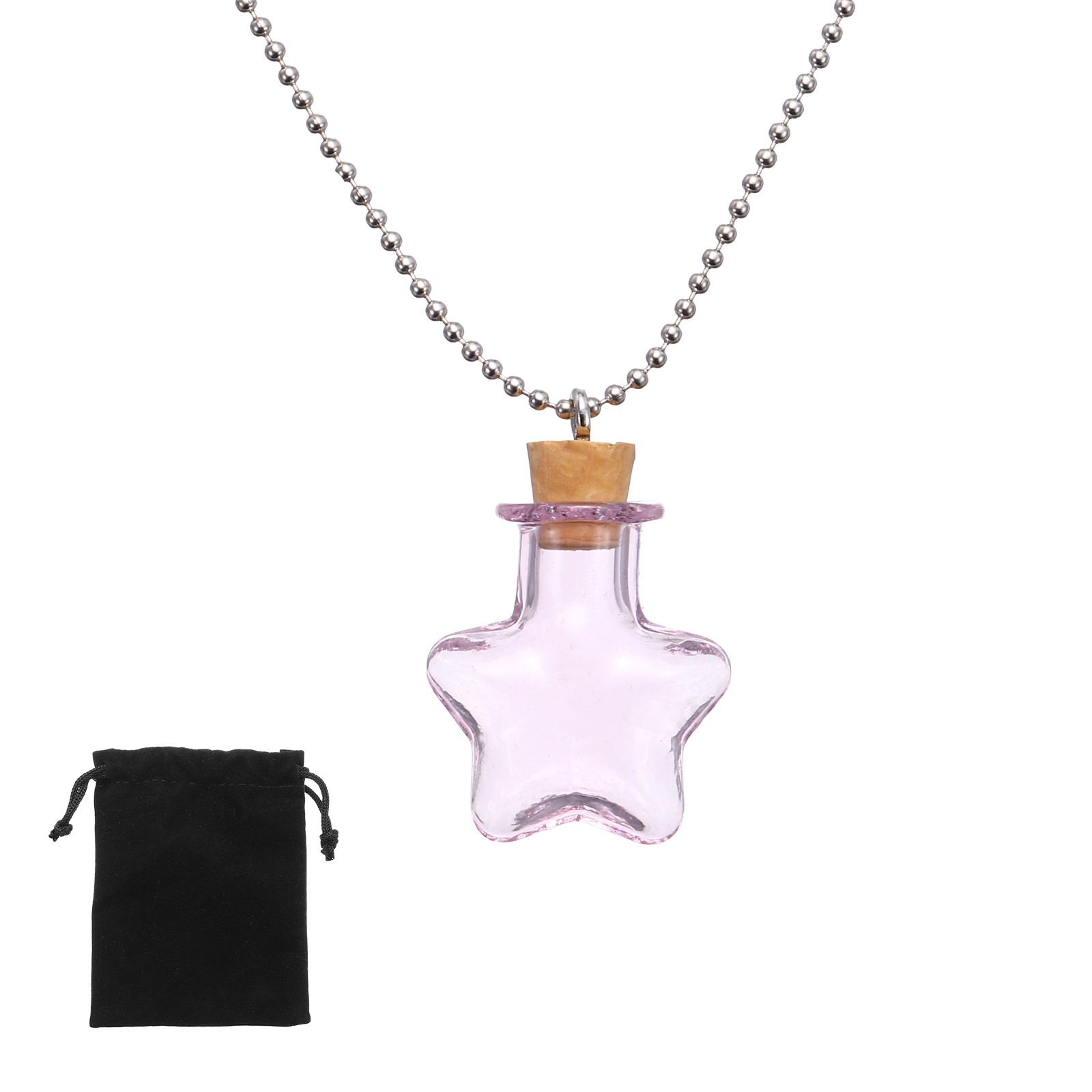 25mm Vial Necklace with Cork Stoppers Black Velvet Bag, Star Shaped, Pink