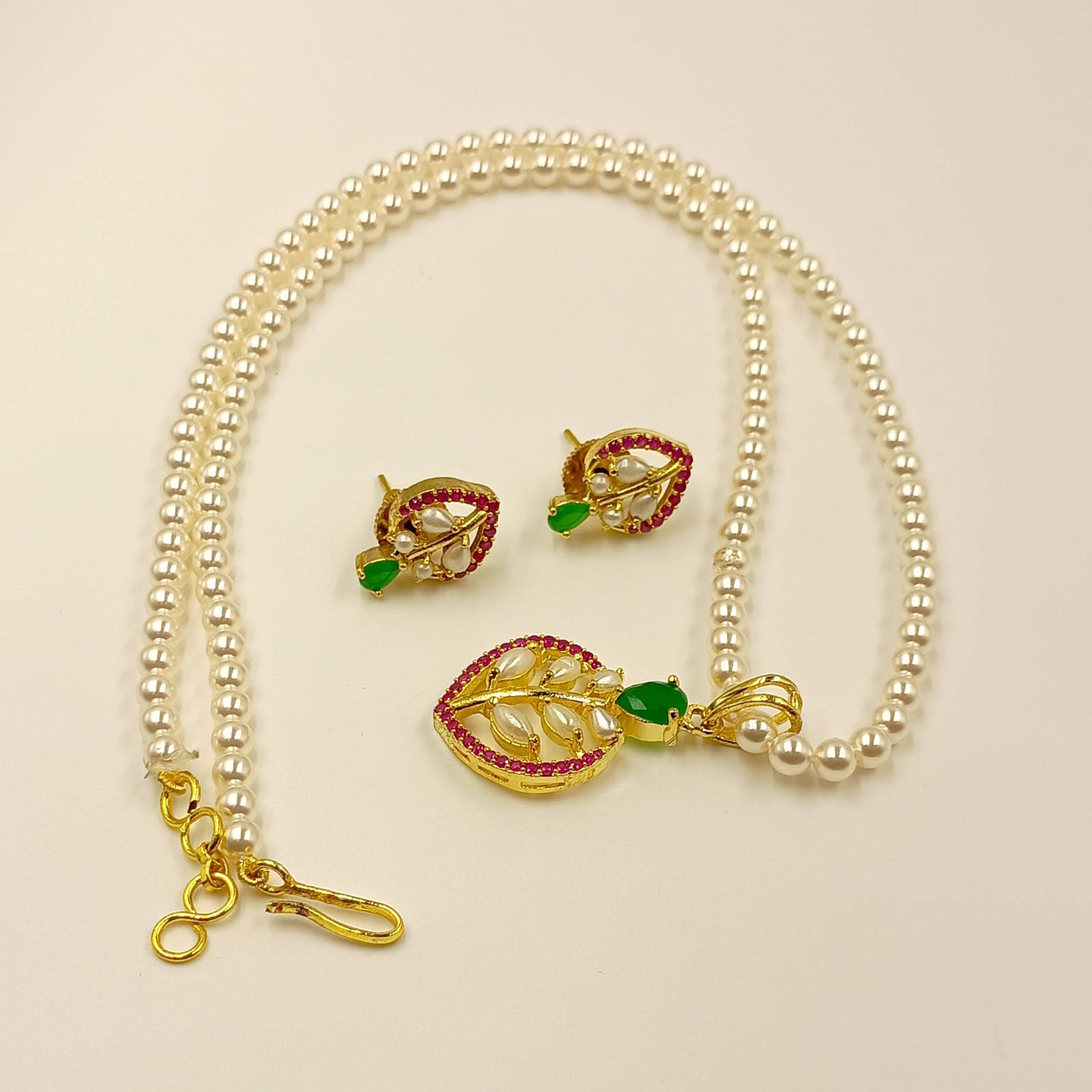 Ruby Emerald Pearl Pendant Set, 22k Gold Plated Traditional Indian Wedding Jewel
